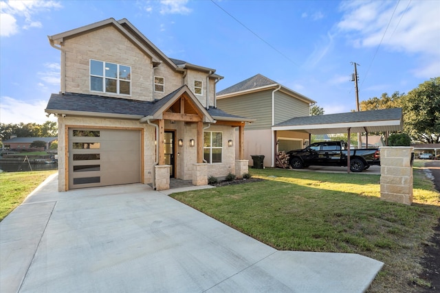 craftsman-style house with a garage, a front lawn, and a carport