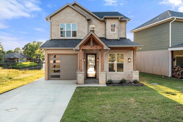 craftsman inspired home with a garage and a front lawn