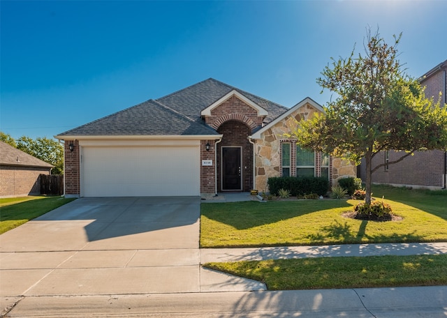 view of front of property with a front yard and a garage