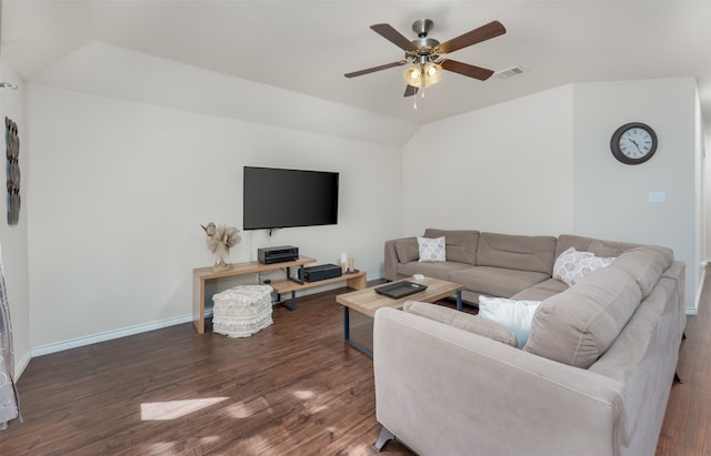 living room with lofted ceiling, ceiling fan, and dark hardwood / wood-style flooring