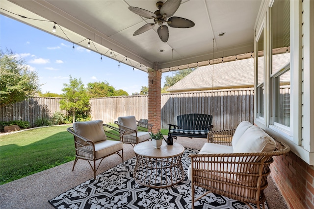 view of patio featuring an outdoor hangout area and ceiling fan