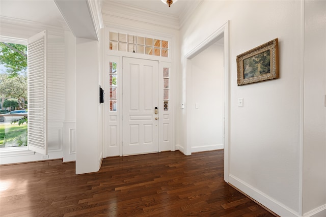 foyer with crown molding, dark hardwood / wood-style flooring, and a healthy amount of sunlight