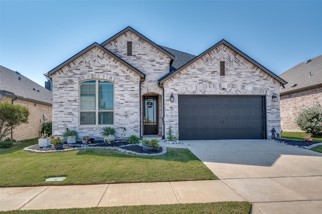 view of front of property featuring a front lawn and a garage