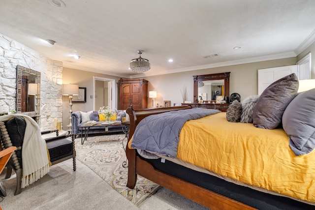 carpeted bedroom featuring ornamental molding