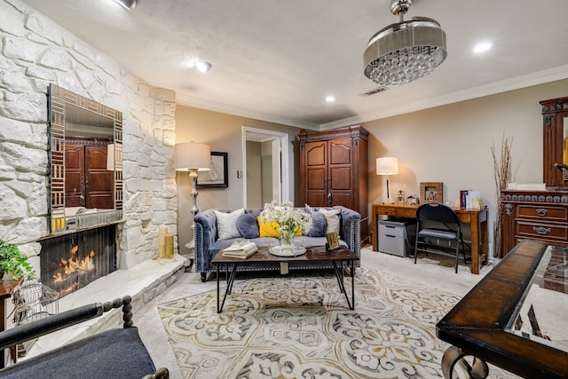 living room featuring light carpet, ornamental molding, and a stone fireplace