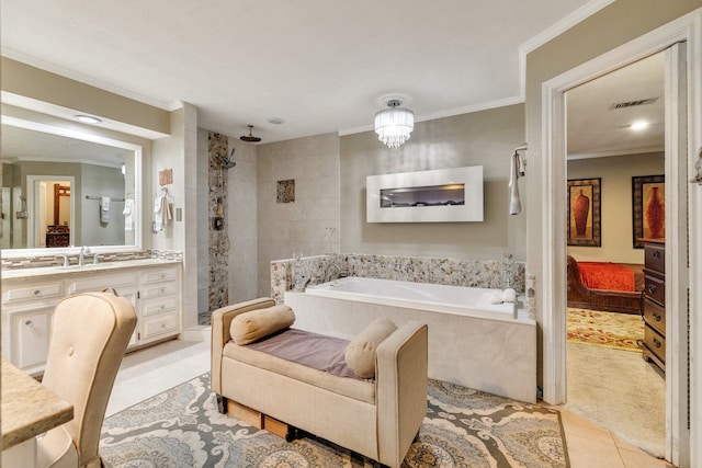 bathroom with vanity, plus walk in shower, tile patterned floors, crown molding, and a chandelier