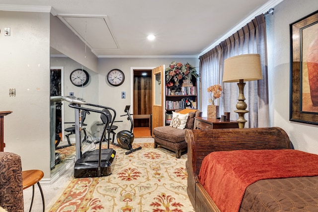 bedroom featuring ornamental molding and carpet