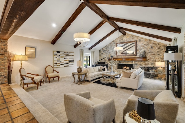 living room with beamed ceiling, a fireplace, and high vaulted ceiling