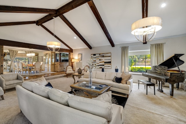 living room with light colored carpet, high vaulted ceiling, a notable chandelier, and beamed ceiling