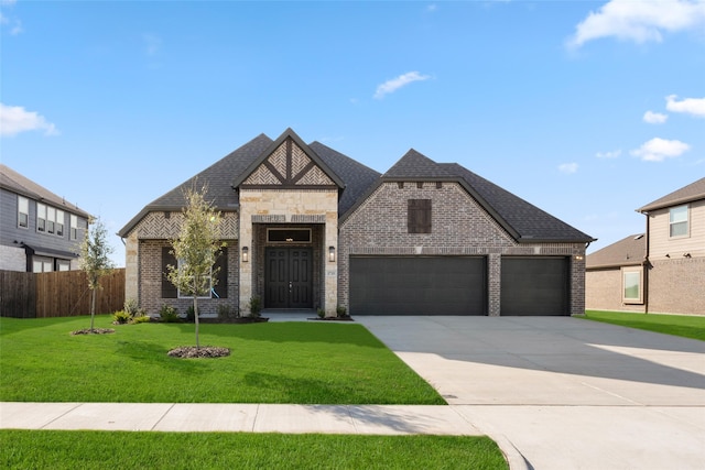 view of front of property featuring a front lawn and a garage