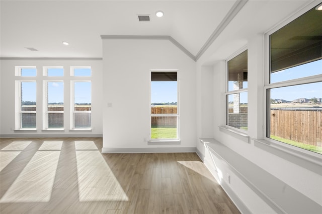 empty room featuring ornamental molding, light hardwood / wood-style flooring, and a healthy amount of sunlight