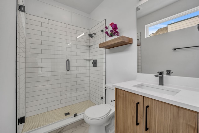 bathroom with marble finish floor, visible vents, toilet, a stall shower, and vanity