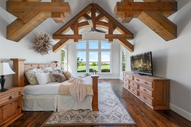 bedroom featuring beam ceiling and dark hardwood / wood-style floors