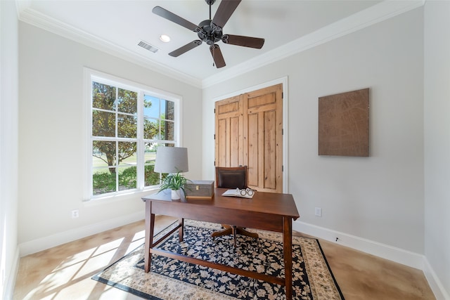 office featuring ceiling fan and ornamental molding