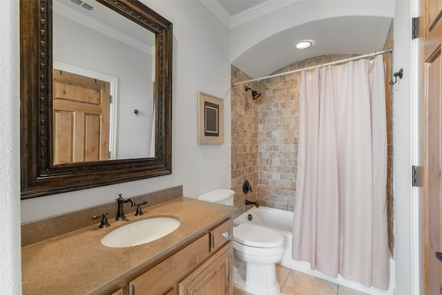 full bathroom with vanity, shower / bath combo, tile patterned floors, crown molding, and toilet