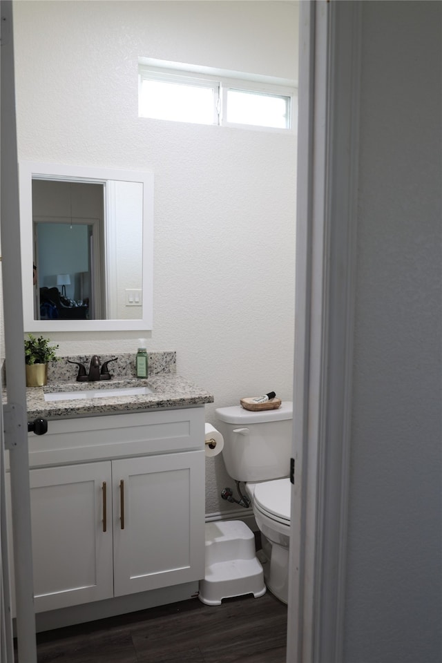 bathroom with hardwood / wood-style flooring, vanity, and toilet