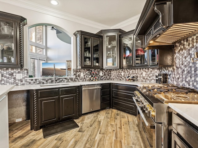 kitchen featuring backsplash, custom exhaust hood, stainless steel appliances, and light hardwood / wood-style flooring