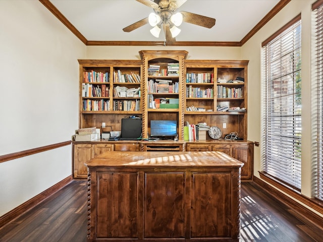 home office with dark hardwood / wood-style floors, ceiling fan, and ornamental molding