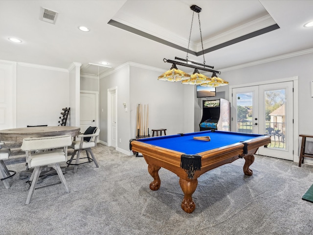 playroom featuring french doors, a raised ceiling, billiards, carpet floors, and ornamental molding