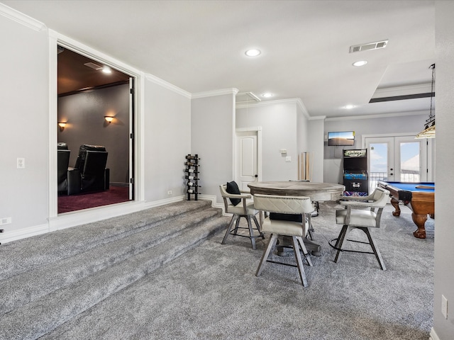 dining room with crown molding, french doors, carpet floors, and billiards