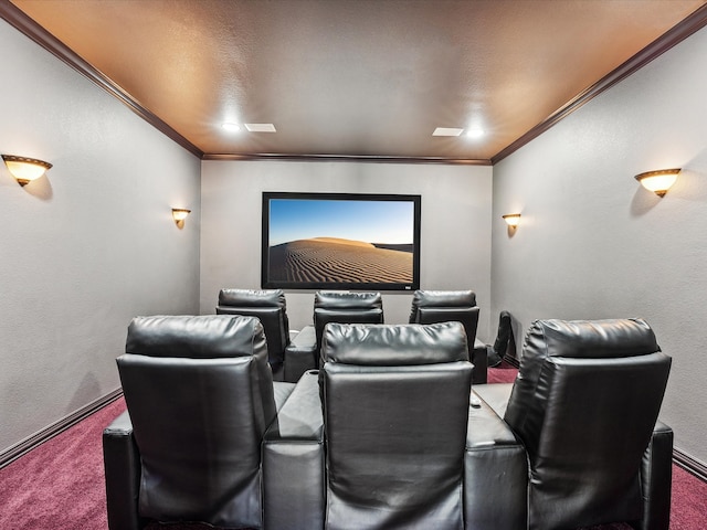 cinema room featuring carpet and crown molding