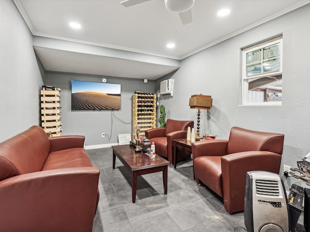 living room with a wall mounted air conditioner, ceiling fan, and crown molding