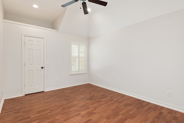 unfurnished room featuring ceiling fan, hardwood / wood-style floors, and high vaulted ceiling