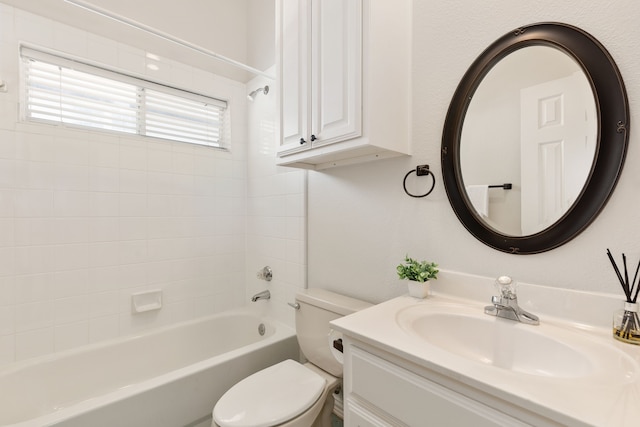 full bathroom featuring vanity, shower / bath combination, and toilet