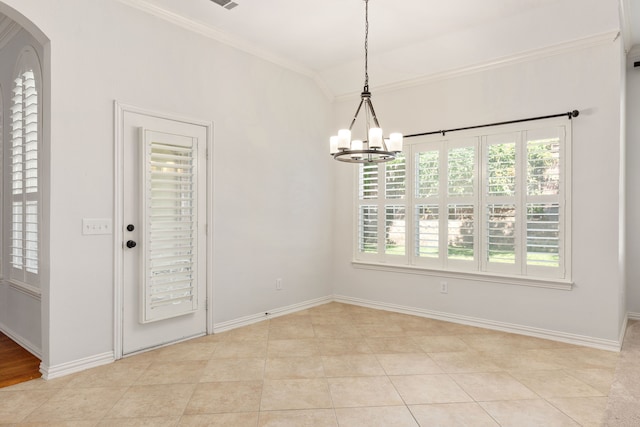 unfurnished dining area featuring a chandelier, vaulted ceiling, ornamental molding, and light tile patterned flooring