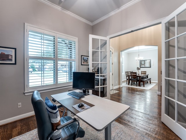 home office with french doors, hardwood / wood-style flooring, crown molding, and a notable chandelier