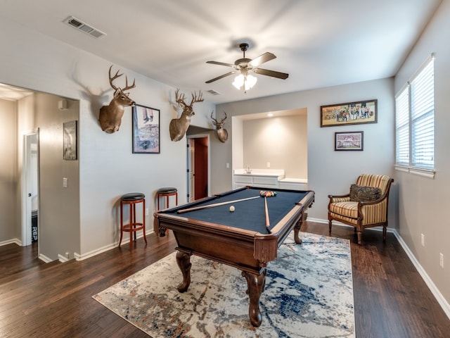 playroom with dark wood-type flooring, billiards, and ceiling fan