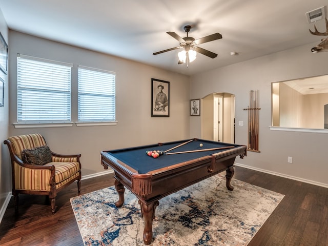 playroom featuring ceiling fan, dark wood-type flooring, and billiards