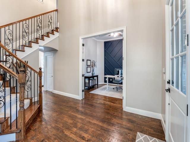 foyer featuring dark wood-type flooring and a high ceiling