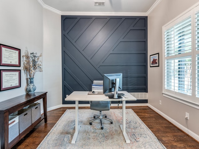 office space with dark hardwood / wood-style floors and ornamental molding