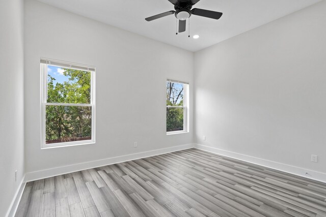 spare room featuring plenty of natural light, light wood-type flooring, and ceiling fan