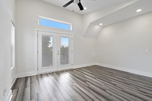 2507 Crossman Ave, Dallas, TX 75212 - unfurnished living room featuring french doors, ceiling fan, dark wood-type flooring, recessed lighting, and baseboards