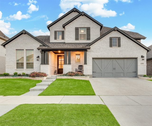 view of front of house featuring a porch, a front lawn, and a garage