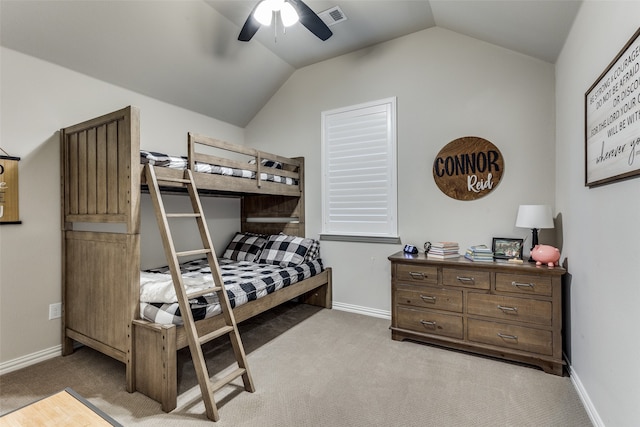 carpeted bedroom featuring ceiling fan and lofted ceiling