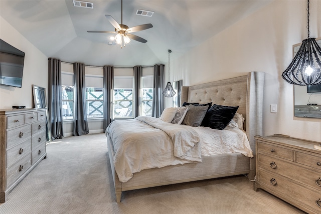 bedroom with light carpet, lofted ceiling, and ceiling fan