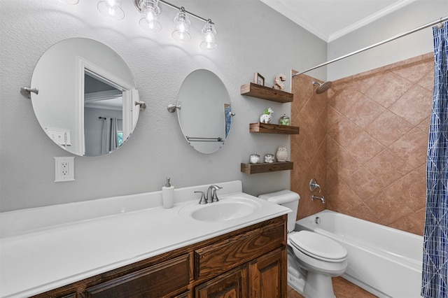 full bathroom with vanity, crown molding, shower / bathtub combination with curtain, and toilet