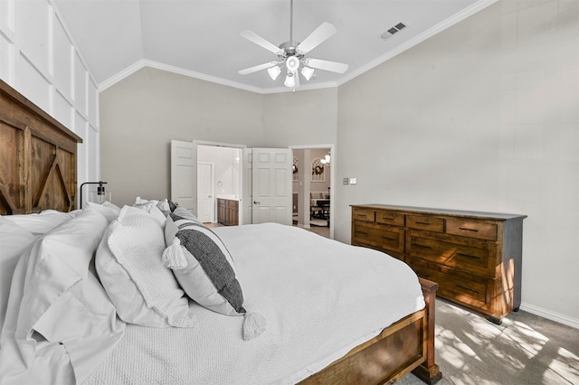 bedroom with high vaulted ceiling, ensuite bathroom, carpet flooring, ceiling fan, and ornamental molding