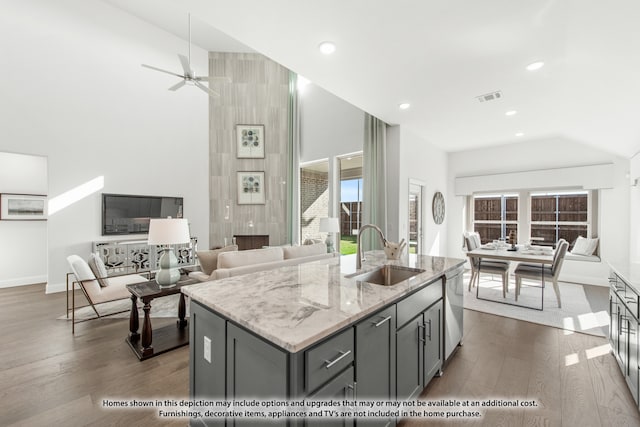 kitchen featuring gray cabinets, a kitchen island with sink, sink, and a healthy amount of sunlight