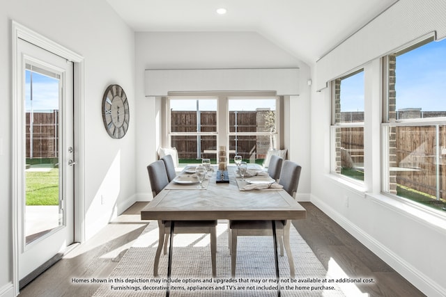 dining space featuring lofted ceiling, a wealth of natural light, and dark wood-type flooring