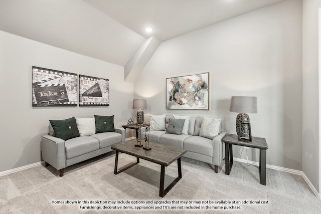 carpeted living room featuring vaulted ceiling