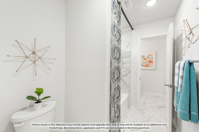 bathroom featuring toilet and shower / bathtub combination with curtain