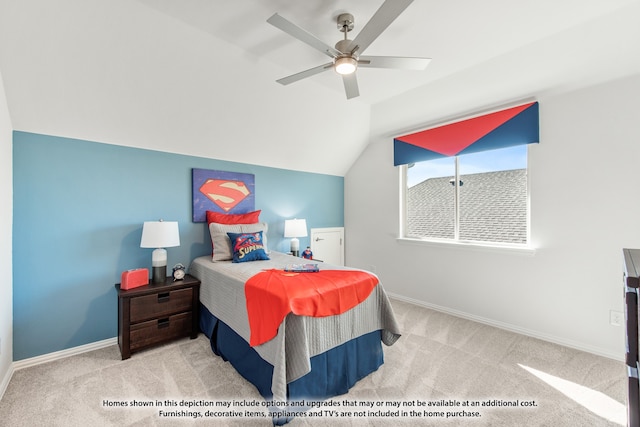 bedroom with ceiling fan, vaulted ceiling, and light colored carpet