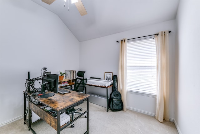 office area with ceiling fan, lofted ceiling, and carpet flooring