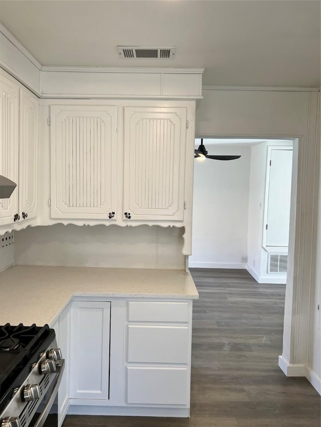 kitchen with ceiling fan, crown molding, white cabinetry, and dark wood-type flooring