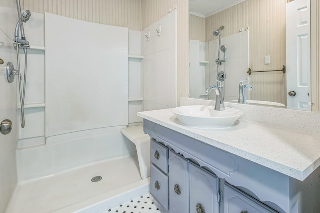 bathroom with vanity and walk in shower