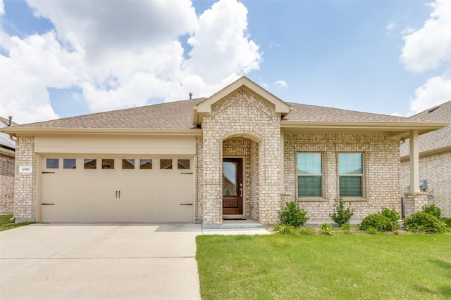 view of front of house with a garage and a front lawn